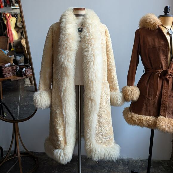 Vintage Leather Penny Lane Jacket Faux Fur Furry 70s Afghan Tapestry Trench Coat - Picture 1 of 16